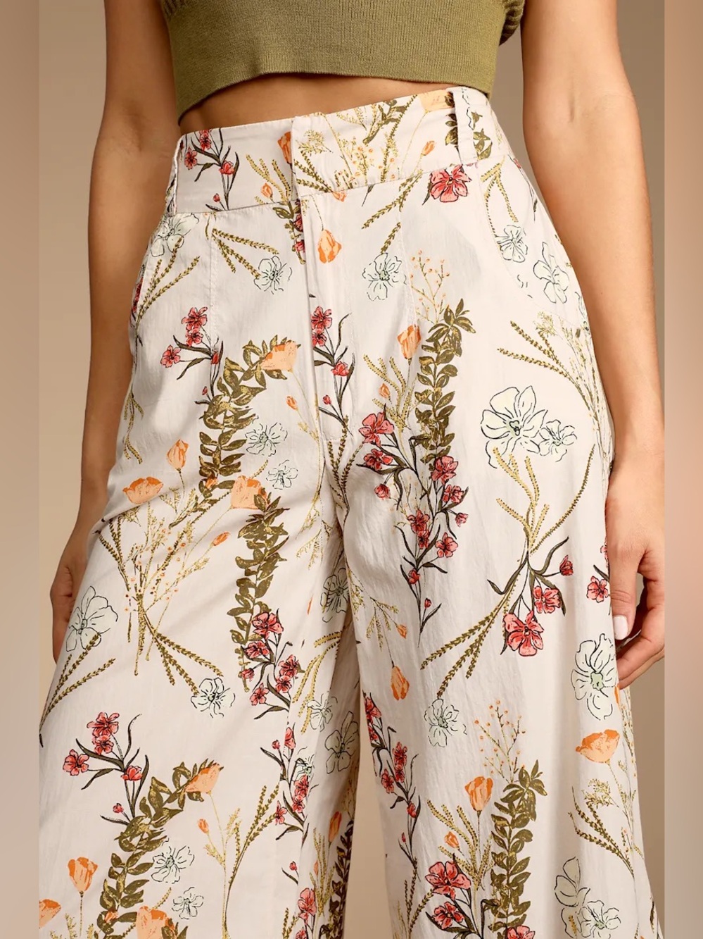 Free People Cream Floral Wide-Leg Crop Pants - Picture 7 of 12